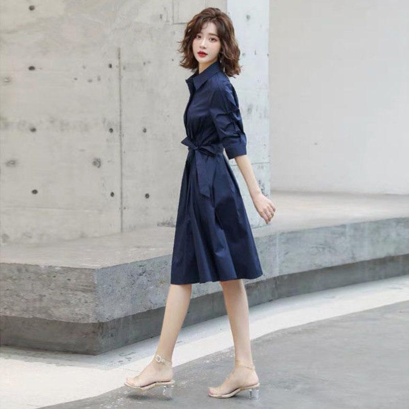 Spring Summer Women's Shirt Dress Mid-length Skirt Ladies Professional Wear All-match Long-sleeved Solid Color Dress