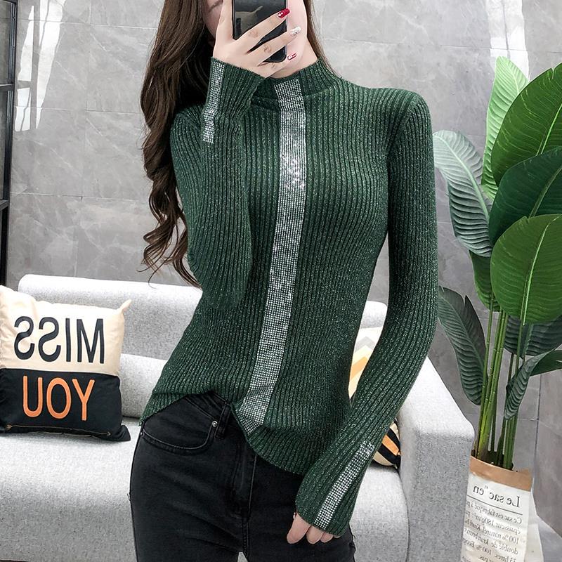 Pofulove Rhinestone Thick Pullover Sweater Women Winter Bottoming Shirt Tops Turtleneck Sweaters