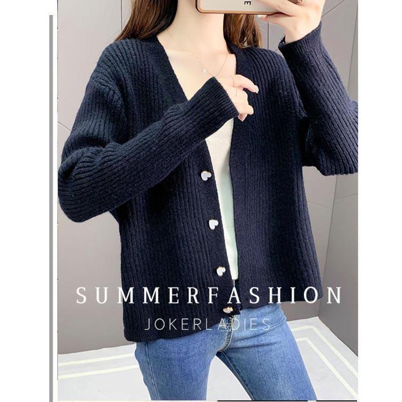 Sweater Women's Spring and Autumn V-neck Jacket Solid Color Versatile Button Top Knitted Cardigan