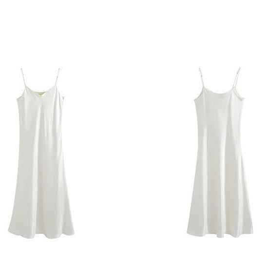 Women's Spring and Summer Korean Elegant Smooth Suspender Satin Long Solid Color A-line Dress
