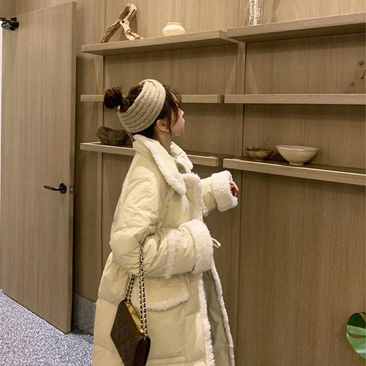 Down Jacket Women Winter Lamb Hair Stitching Mid-length White Duck Down Down Jacket Waist Slimming Winter Warm Thick Coat