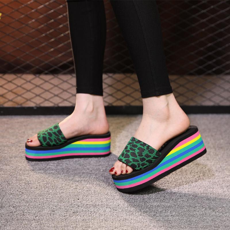 Women Sandals Platform Rainbow Non-Slip Thick Soled Wedge Slippers Summer Beach Slipper