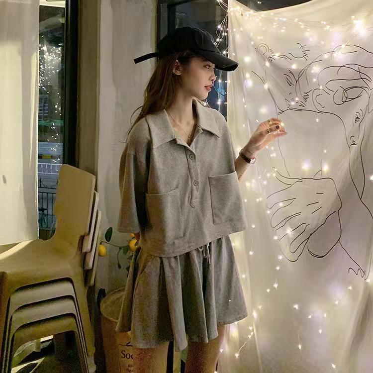 Two-piece Women's Polo Collar Workwear Loose All-match Short-sleeved T-shirt + Wide-leg Culottes Set Casual Sportswear Home Clothing