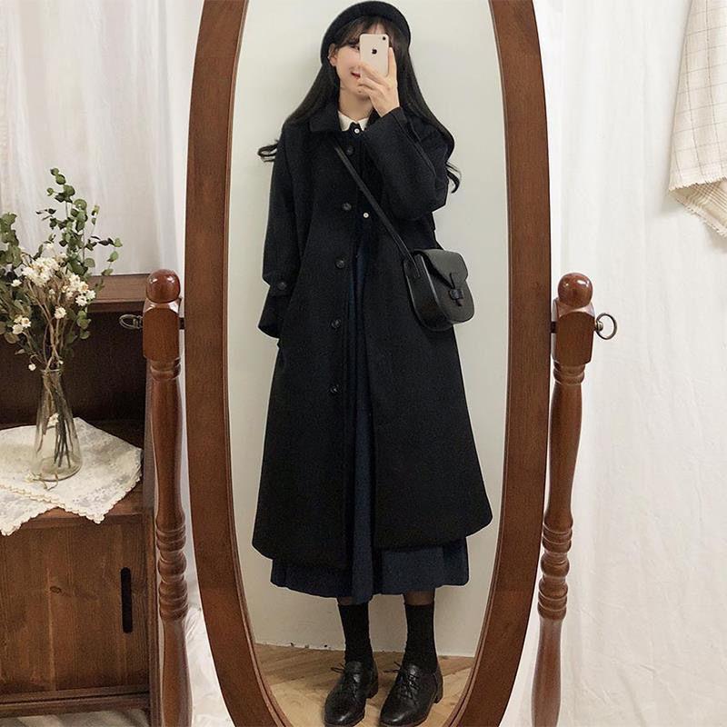 Black Long Woolen Winter Korean Style Over-the-knee Thick Coat for Female Students Loose and Thin Woolen Coat