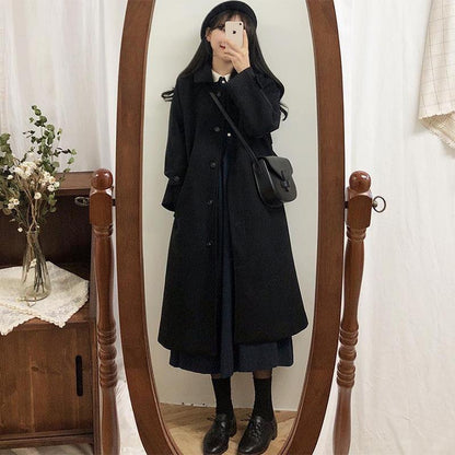 Black Long Woolen Winter Korean Style Over-the-knee Thick Coat for Female Students Loose and Thin Woolen Coat