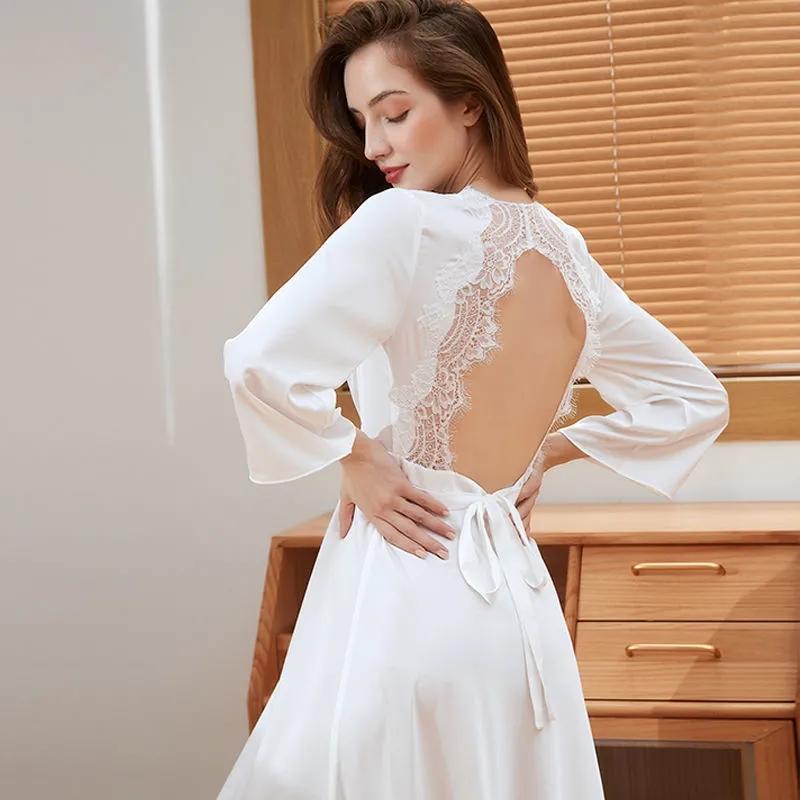 Women's Lace Long Nightdress Wedding Dressing Robe Drape Satin Solid Color Beauty Back Hollow Out Sexy Nightgown French Wedding Pajamas