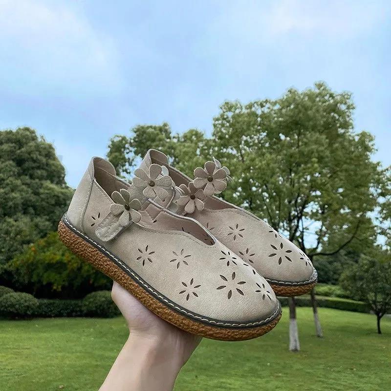 Artistic Women's Shoes Cotton and Linen Hollow Mesh Sandals Comfortable Big Head Doll Shoes Wild Retro Shoes Women's Moccasin Shoes
