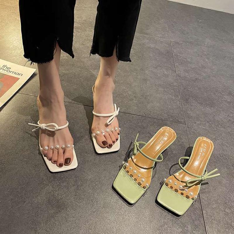 Crystal Heel Slippers Women's Summer Wear Fashion 2 Thick Heel Transparent Sandals