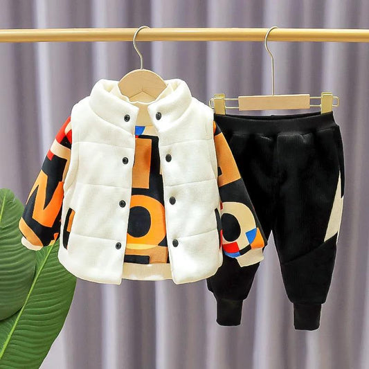 Autumn and Winter Children's Waistcoat Sweater Plus Velvet Thickening Suit Small Medium Children's Baby Winter Three-piece Outer Wear Padded Jacket