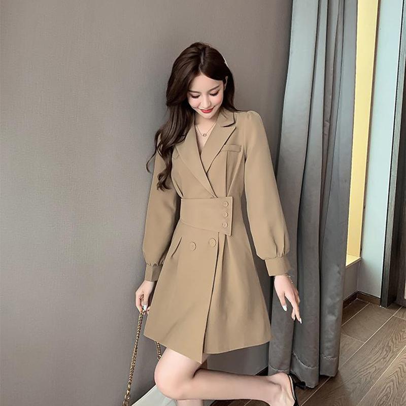 Suit Collar Long-sleeved Dress Women Spring  Summer Korean Design Windbreaker Short Skirt