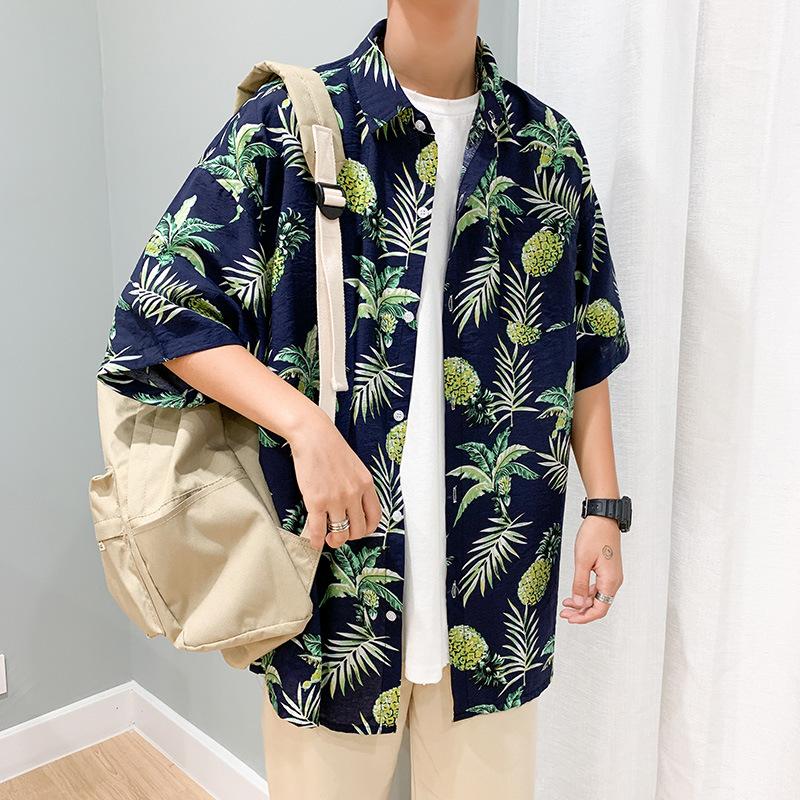 Hawaiian Shirts Beach Tee Leaf Fruit Print T-shirt Half Sleeve Retro Clothes Button Up Top Loose Overshirt Casual Male Undies