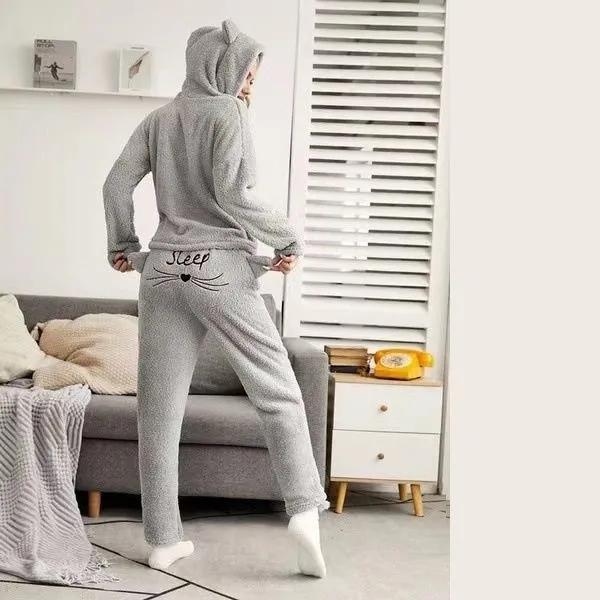 Women's Autumn Winter Cute Cartoon Bear Ears Solid Color Hooded Pullover Pajamas Round Neck One-piece Embroidery Homewear Casual Suit