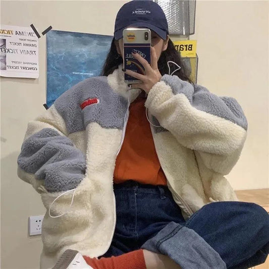 Autumn and Winter Vibe Wind Plus Velvet Thickening Imitation Lamb Velvet Student Sweater Women Lazy Style Cardigan Jacket Female Loose Students