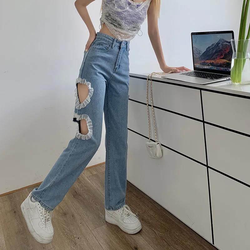 Love Heart Hole Stitching Jeans Loose Wide Leg Pants High Waist Korean Version of Straight Light Pants