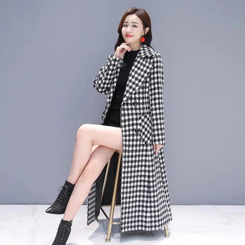 Autumn and Winter Thick Woolen Coat Loose Houndstooth Woolen Coat Women's Mid-length Warm Coat Ladies Temperament Coat