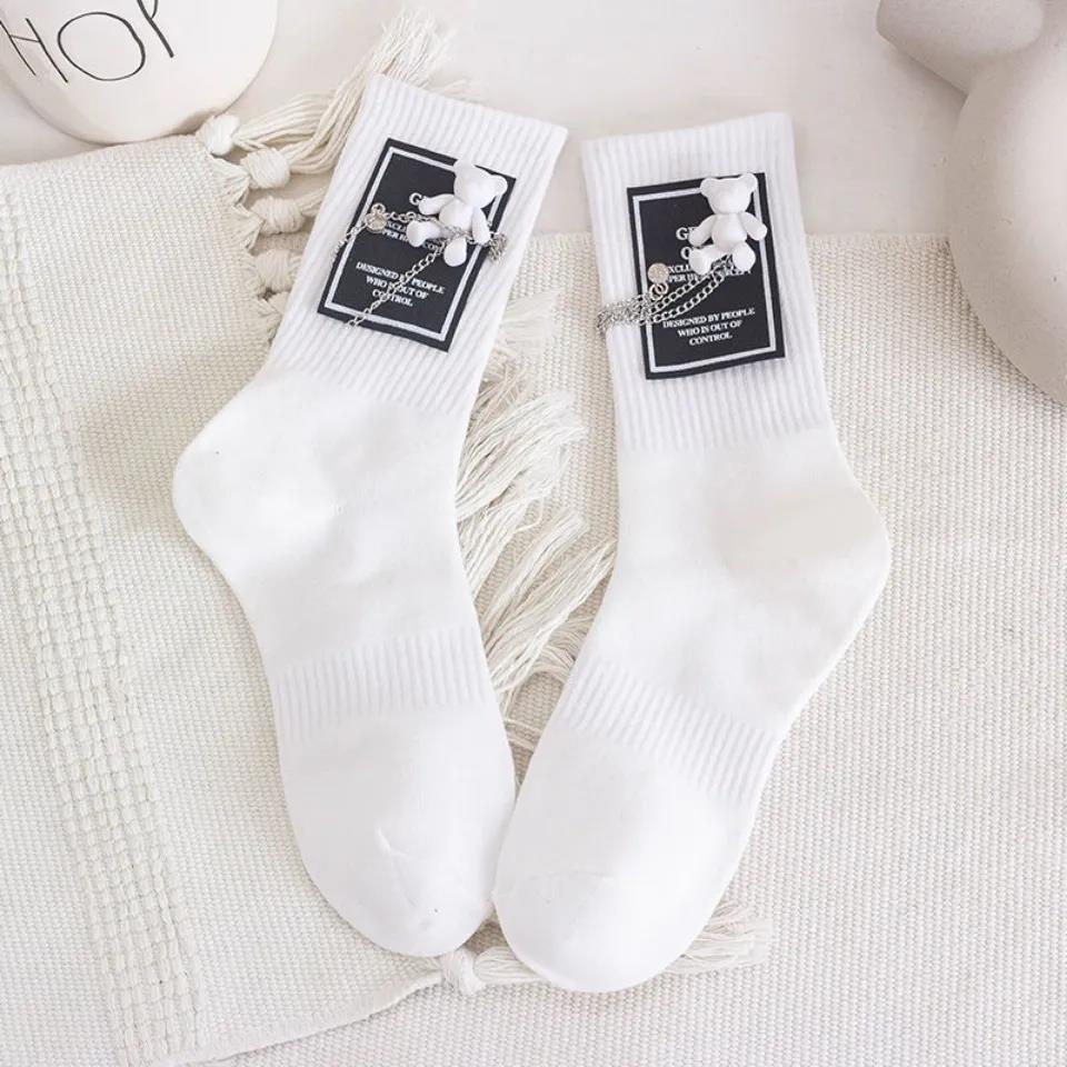 Two Pairs of Bear Patch Chain Socks Street Personality Cotton Socks