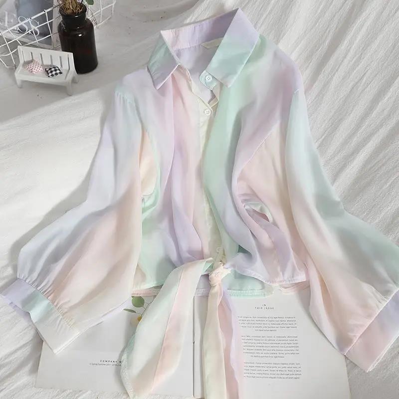 Gradient Chiffon Shirt Iridescent Button-up Shirt Mid Length Thin Coat Women's Sun Protection Shirts