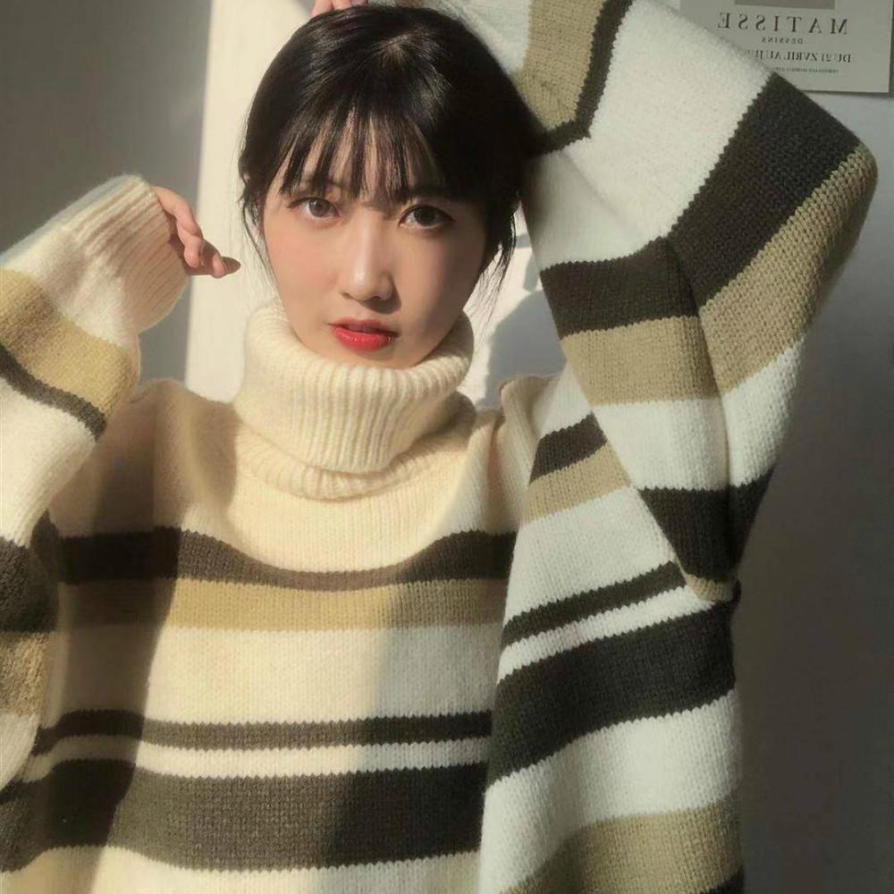 Autumn and Winter Turtleneck Striped Loose Sweater Female Hedging Was Thin Wild Sweater