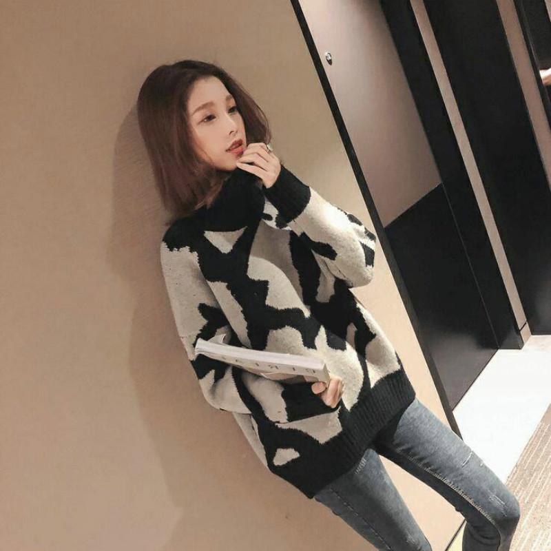 Pofulove Pullover Net Red Sweater  Loose-fitting Sweater Top Winter Turtleneck Women's Leopard