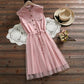 Korean Dresses Women Pink Summer Net Yarn Hem Sleeveless Midi Shirt Dress Drawstring Belt Slim Blouse Girl Uniform Casual Dress