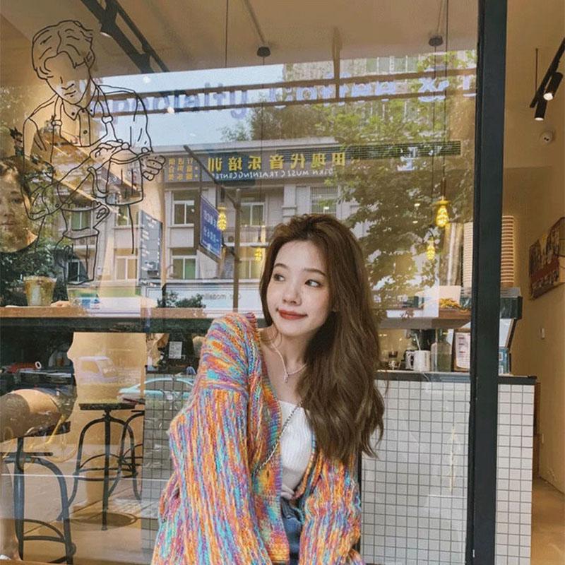 Spring and Autumn Rainbow Color Sweater Cardigan European and American Style Top Loose Casual Knitted Young Women's Jacket