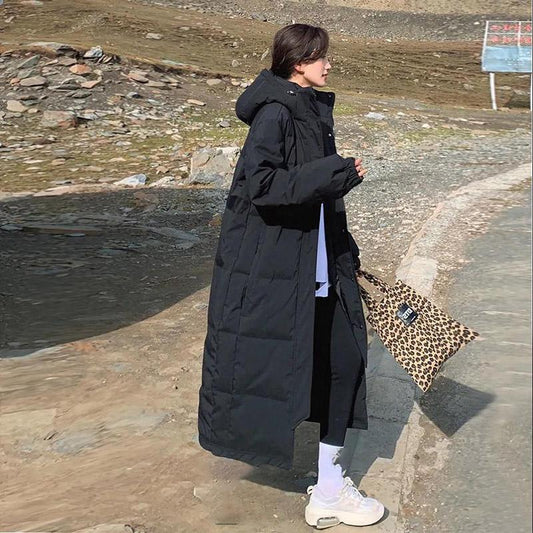 Down Jacket Women's Winter Mid-length Korean Thick Solid Color Hooded Over-the-knee Long Padded Jacket Cotton Jacket
