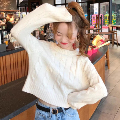 Sweater Women's Pullover Short Twist Knitwear Pure Color Korean Ladies Style Loose Top Trendy Sweater High Waist Jumper Fall
