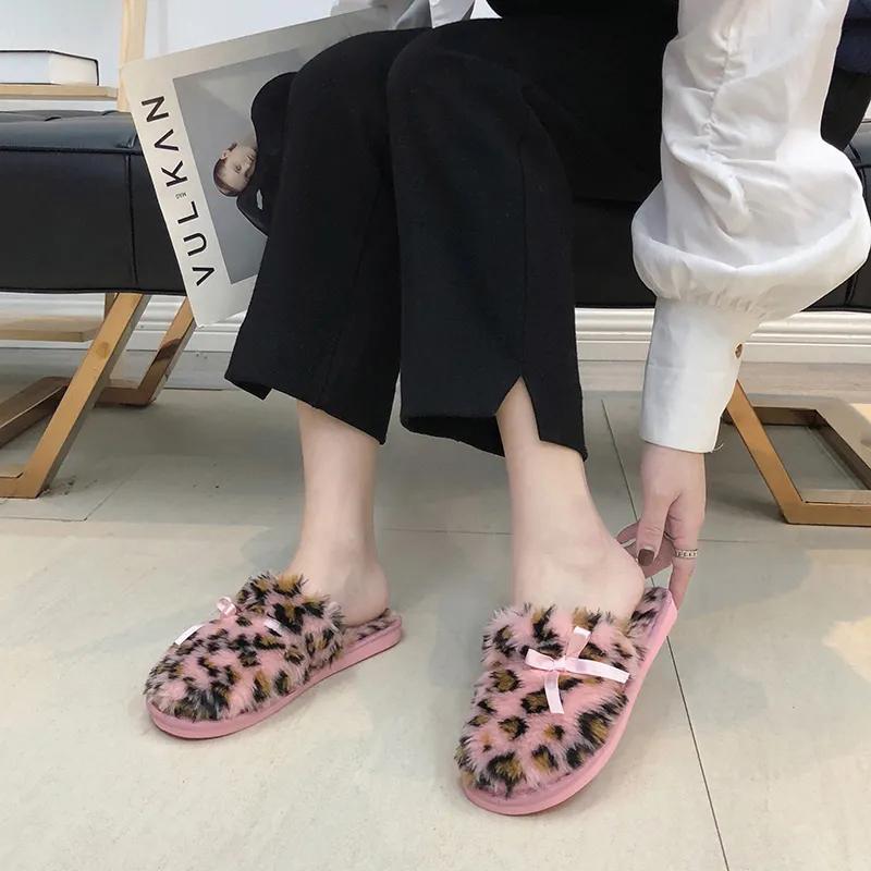 Women Slippers Fur Warm Winter Slipper Leopard Bow Furry Shoes Ins Kawaii Ladies Soft Winter Slide Plus Size 41