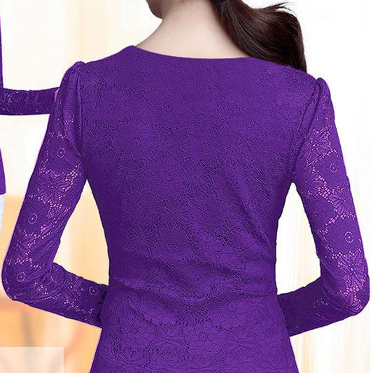 Women's Spring and Autumn Lace Round Neck Bottoming Shirt  Long Sleeve Low Neck Top