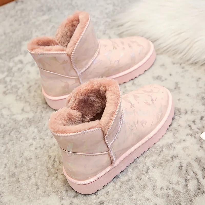 Women's Snow Boots Fur Winter Large Size Versatile Short Boots Female Plush Thickened Warm Flat Cotton Shoes