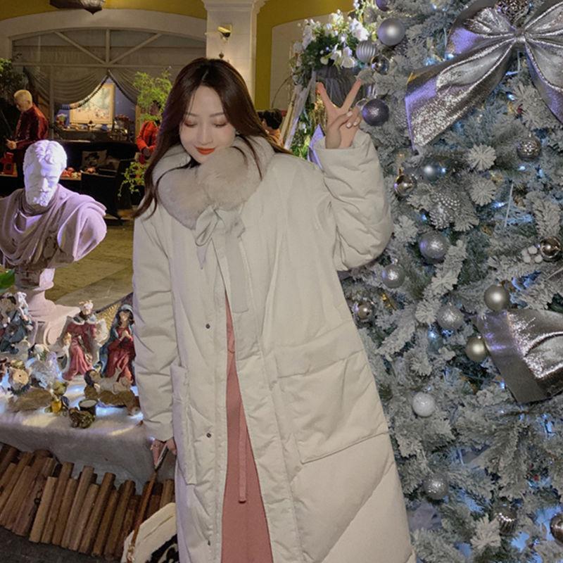 Down Jacket Female Korean Big Fur Collar Mid-length White Duck Down Red Loose Cloak Jacket Tide