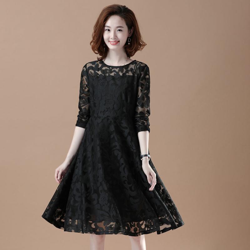 Large Size Lace Long-sleeved Dress Female Spring Summer Thin Hollow A-line Skirt All-match Dinner Dress