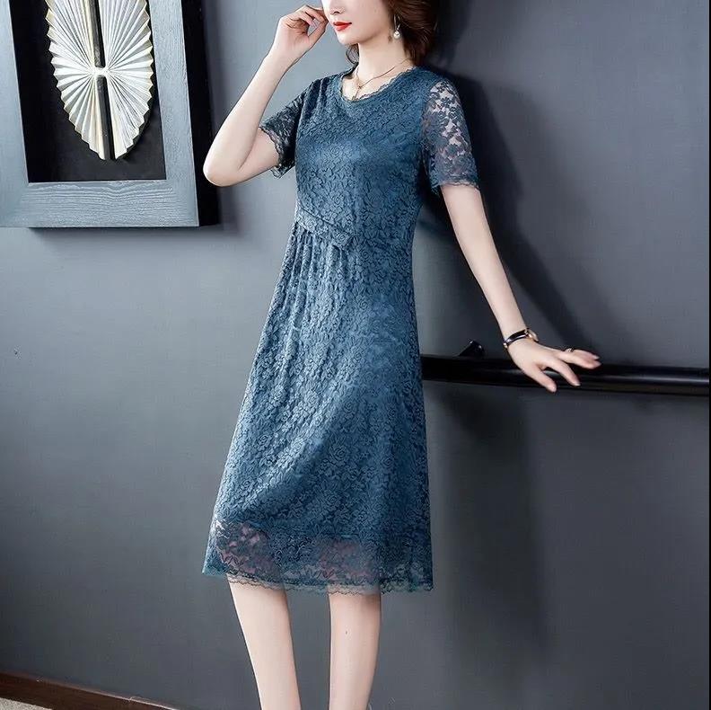 Women's Summer Short Sleeve Midi Dress Lace Loose Round Neck A-Line Skirt