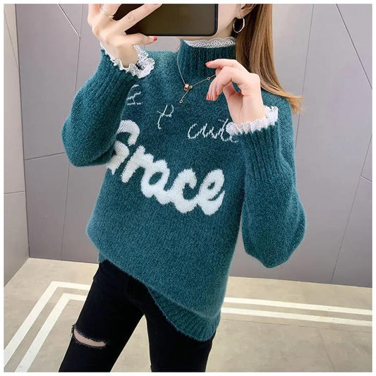 Chenille Lace Pullover Sweater Ladies Large Size Loose Half Turtleneck Sweater Solid Color Bottoming Knit Sweater