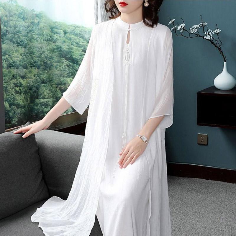 Spring Summer Women Two-piece Long Skirt Chinese Style Women Retro Temperament Cheongsam Improved Version Spinning Dress