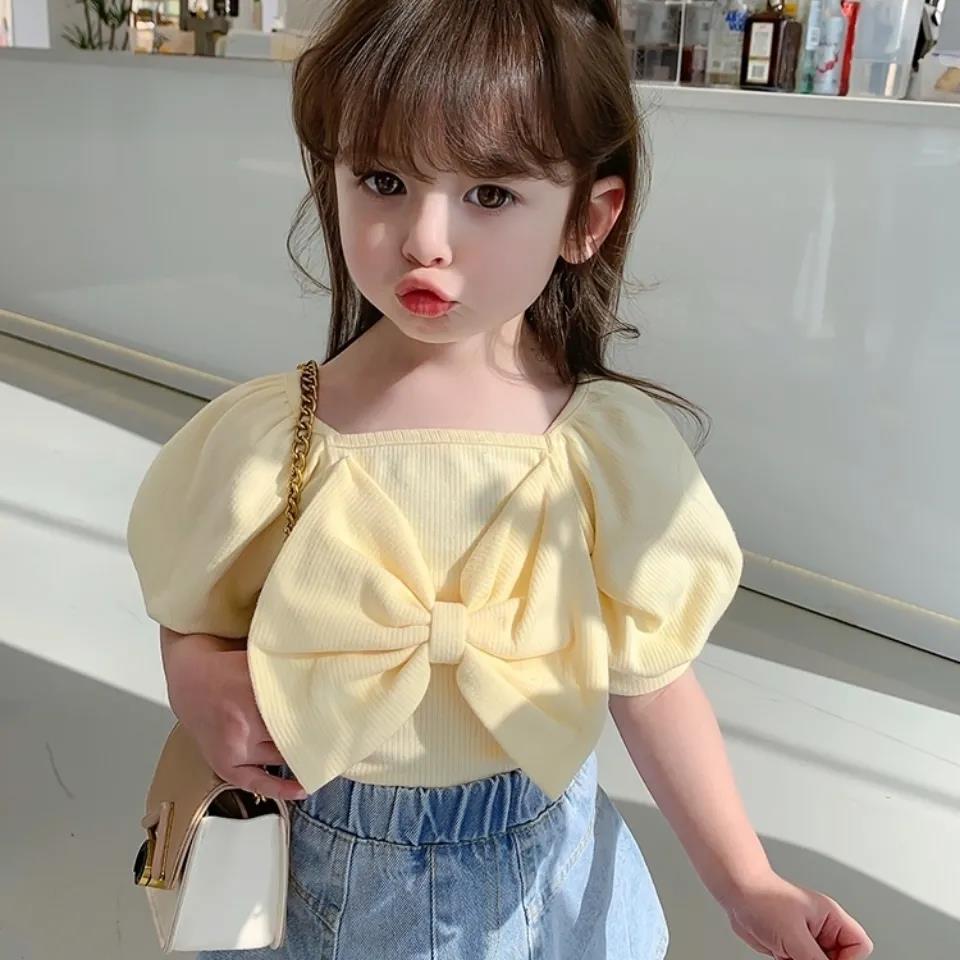 Girls' Summer Bowknot Short-sleeved Tops Korean Children's Cotton T-shirts Middle and Small Children's Western Style Bottoming Shirt