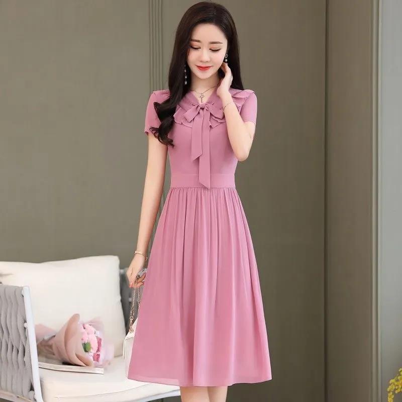Women's Summer Skirt V-Neck Sweet Solid Color Tie Bow A-Line Dress