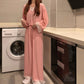 Women's Spring Autumn Long-sleeves Pajamas Set Sexy Lace Edge V-neck Sweet Loose Home Wear Two-piece Suit Solid Color Breathable Sleeping Suit