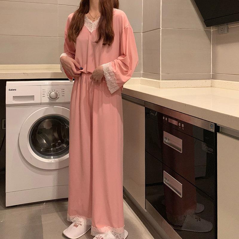 Women's Spring Autumn Long-sleeves Pajamas Set Sexy Lace Edge V-neck Sweet Loose Home Wear Two-piece Suit Solid Color Breathable Sleeping Suit