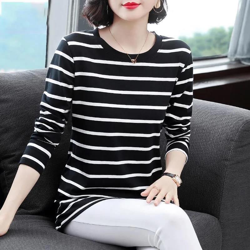 Women T-Shirt Cotton Long Sleeve Lady T Shirt Striped Summer Spring Autumn Female White Trendy  Top Pullover