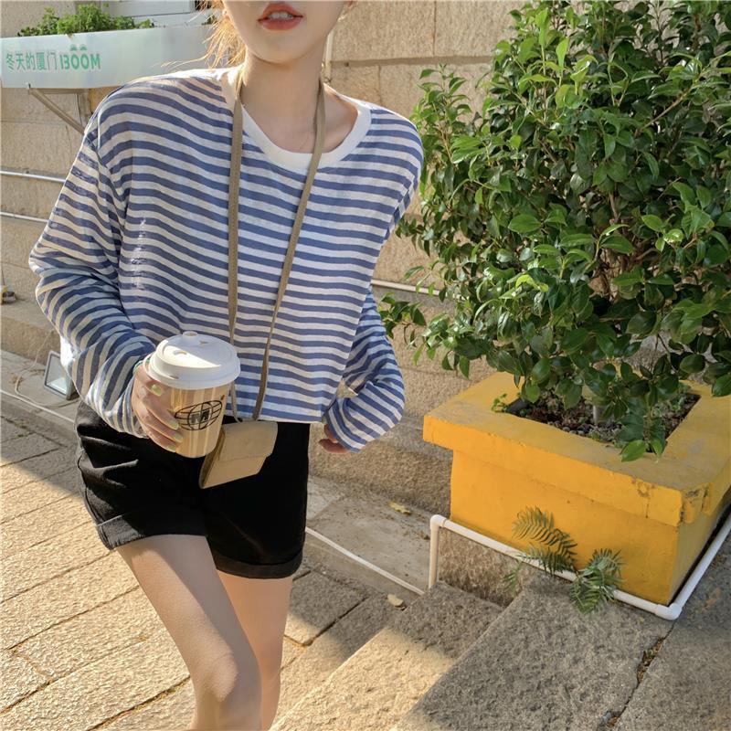 Fall Version of striped Loose Simple Long-sleeved T-shirt Women Simple top Blouse Tee