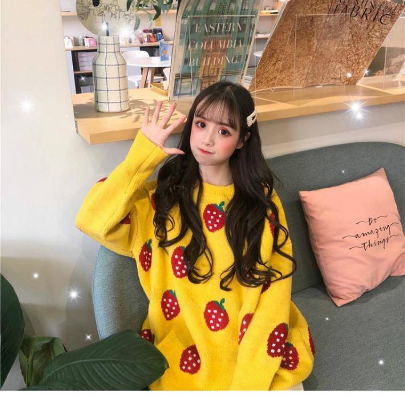 Pofulove Strawberry Pullover Sweater Women Autumn and Winter University Style Sweater Loose Sweet