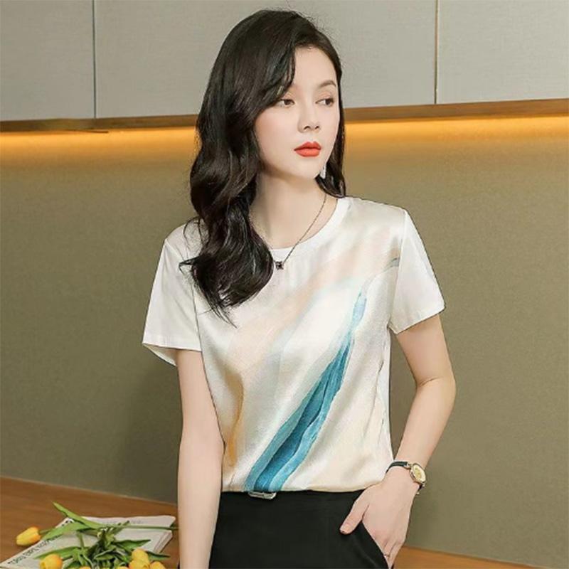 Skin-friendly Silky Imitation Silk Short-sleeved T-shirt Women's Printed Summer Shirt Korean Version Loose and Thin Top