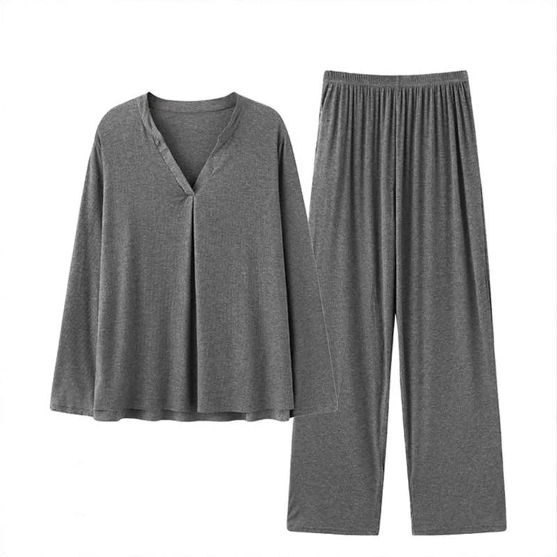 Women's Long Sleeves Pajamas Set Sexy Stripes Kiss-skin V-neck Thin Modal Cotton Elastic Pajama Set Outer Wear Solid Color Home Wear