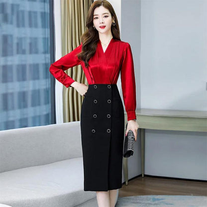 V-neck Dress Female Temperament Fake Two-piece Waist-reducing Age Thin Stitching Package Hip Skirt