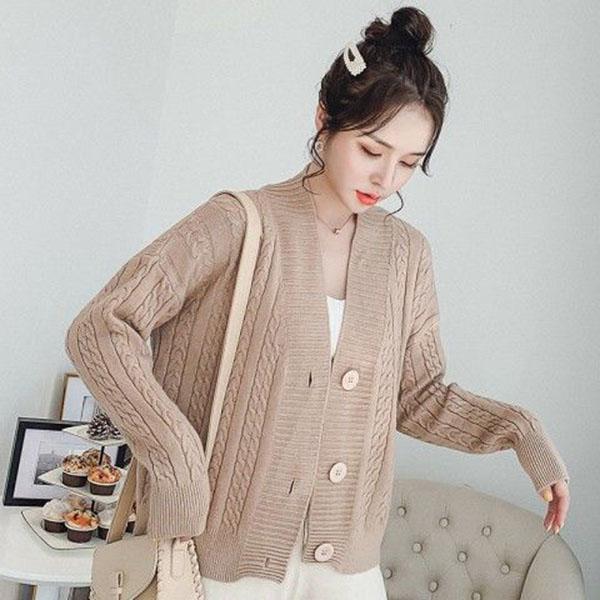 Spring and Autumn Knitted Loose Sweater All-match Long-sleeved Cardigan Sweater Fashion Solid Color Female Jacket
