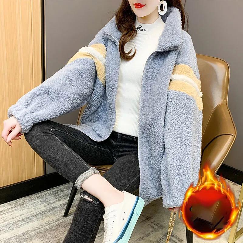 Winter Lamb Wool Coat Korean Loose Stitching Stand Collar Coat Women's Contrast Color Thickening Mid-length Warm Coat