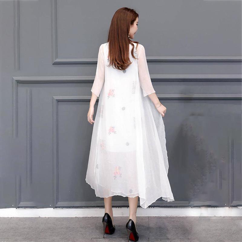 Women's Sun-Dress Summer Chiffon Cardigan Calf Length Solid Color Ruffle Thin and Light Tracksuit  Beach Sunscreen Air-conditioned Rooms