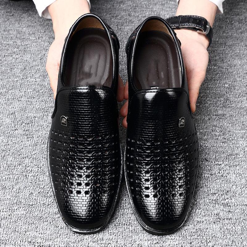 Leather Men Shoes Summer Hollow Breathable Oxfords Man Casual Shoes Slip on Formal Dress Shoes for Man