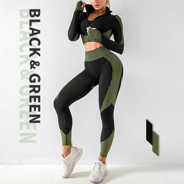 3PCS Seamless Knitted Yoga Suit Set Four Seasons Universal Hip Lift Fitness Sports Suit Gym Running Trousers Vest Long-sleeved Jacket Three-piece Set